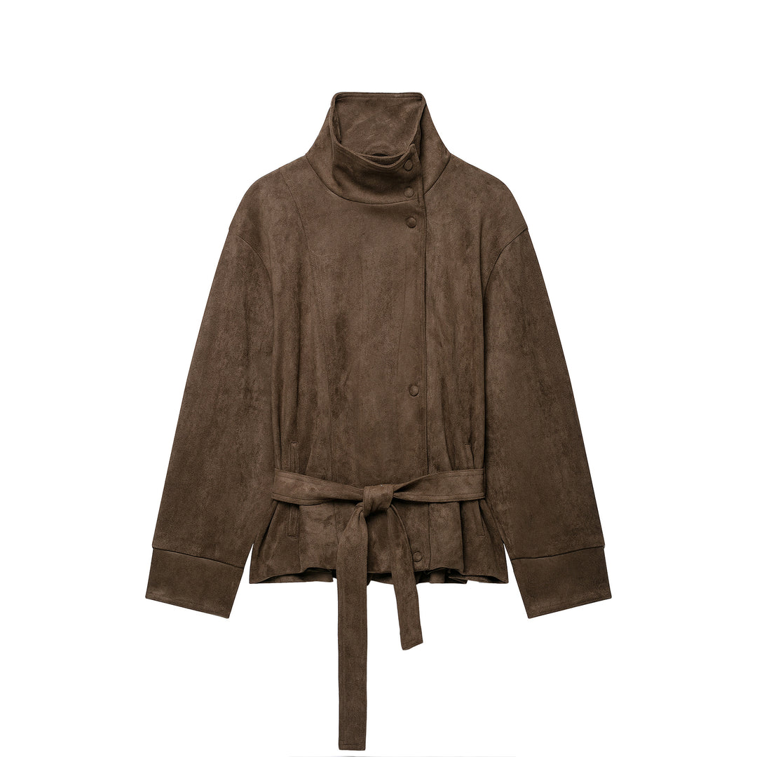 Damen Kurze Velours‑Optik Jacke mit hohem Funnelkragen, Druckknopfleiste und Bindegürtel Shop Nory