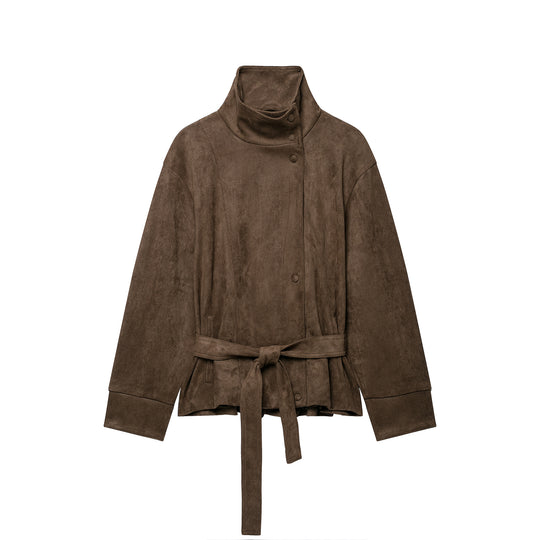 Damen Kurze Velours‑Optik Jacke mit hohem Funnelkragen, Druckknopfleiste und Bindegürtel Shop Nory