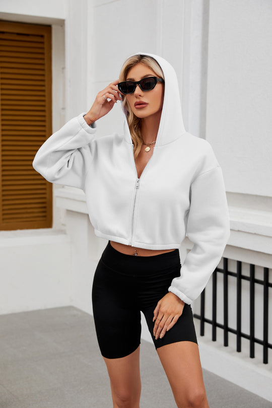 Damen Cropped Kapuzenjacke mit durchgehendem Reißverschluss und oversized Ärmeln Shop Nory