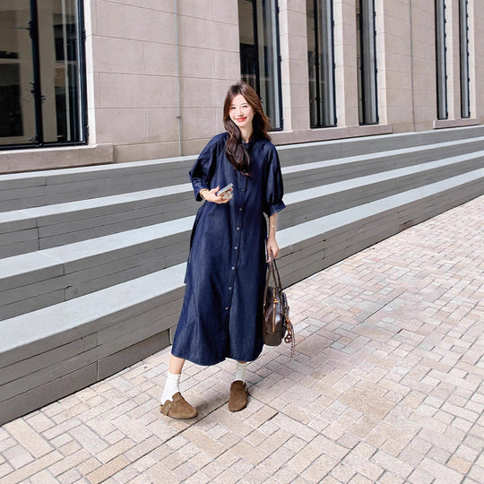 Damen Jeans-Midikleid mit durchgehender Knopfleiste, Taillengürtel und 3/4-Ärmeln Shop Nory