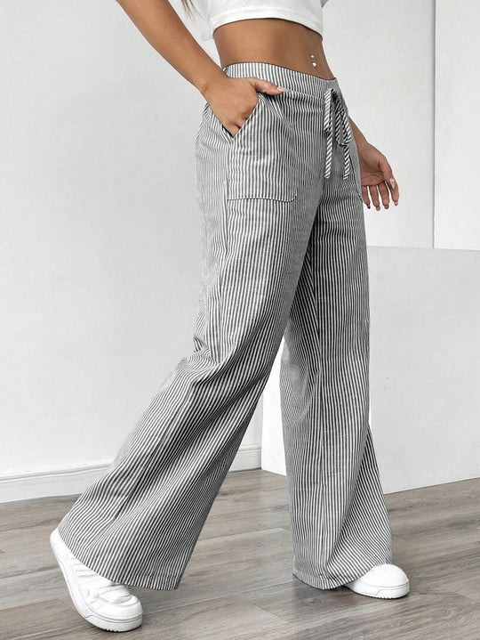 Damen weiche High-Waist Loungehose mit weitem Bein Tunnelzug und aufgesetzten Taschen Shop Nory