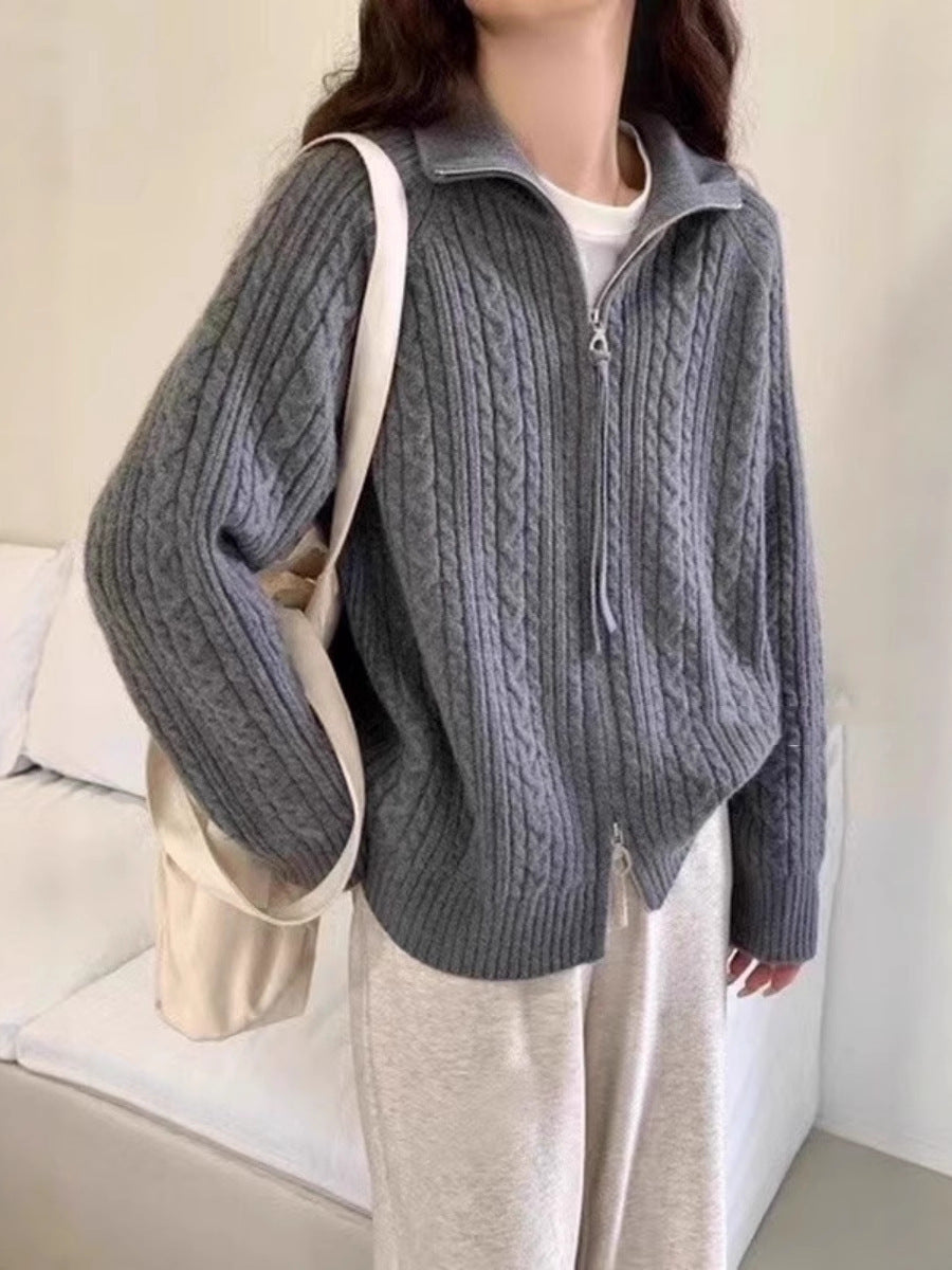 Damen Kastiger Zopfstrick‑Cardigan mit Zweiwege‑Reißverschluss, Stehkragen und breitem Rippsaum Shop Nory