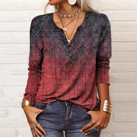 Damen Lockeres Langarm‑Henleyshirt mit V‑Ausschnitt, Knopfleiste und Ombre‑Print Shop Nory