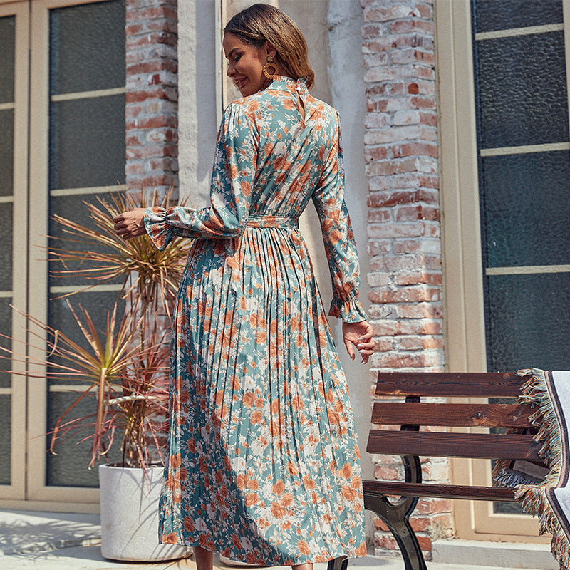 Damen Plissiertes Maxikleid mit Blumenprint, Stehkragen und Taillenband Shop Nory