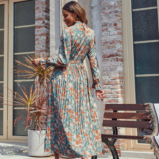 Damen Plissiertes Maxikleid mit Blumenprint, Stehkragen und Taillenband Shop Nory