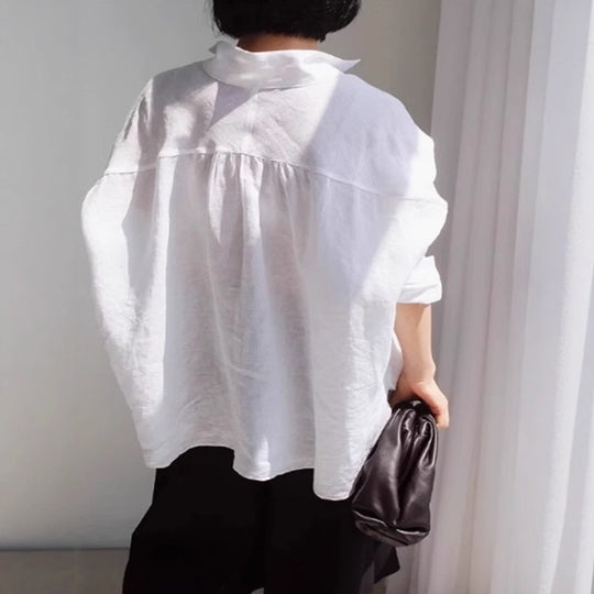 Damen Oversize-Leinenbluse mit geraffter Rückenpasse und krempelbaren Ärmeln Shop Nory