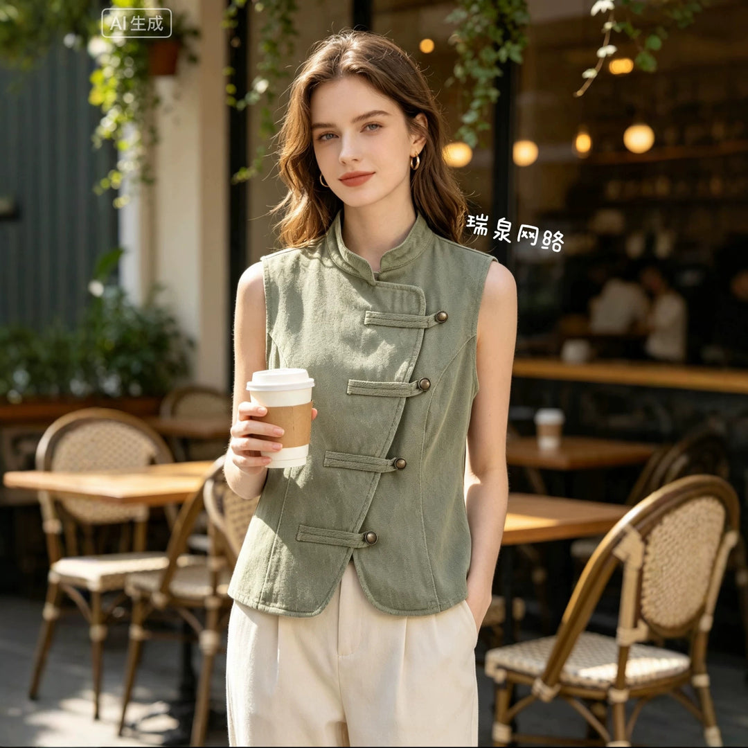 Damen Taillierte Weste mit Mandarinkragen und asymmetrischer Schlaufen‑Ösen‑Verschluss Shop Nory