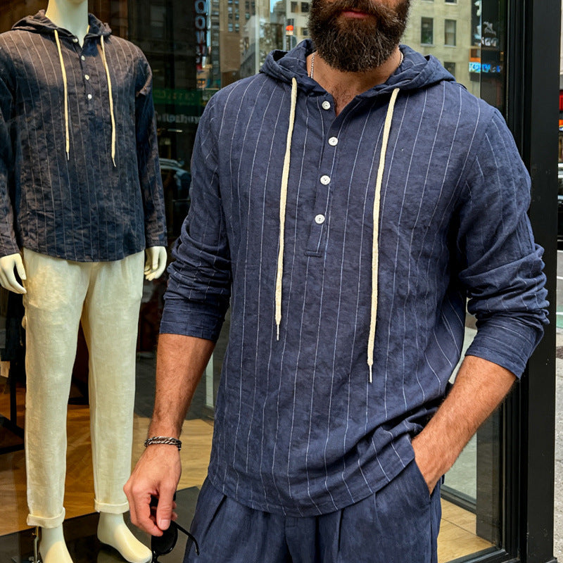Herren nan Kapuzenshirt aus Leinenmix mit halber Knopfleiste und Nadelstreifen