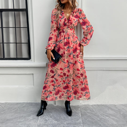 Damen nan luftig-fließendes Chiffon-Maxikleid mit Taillen-Cutouts, Rüschen-V-Ausschnitt und langen, transparenten Ärmeln Shop Nory