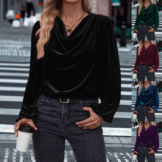 Damen Drapiertes Samtblusenshirt mit Wasserfall‑Ausschnitt und Puffschultern Shop Nory