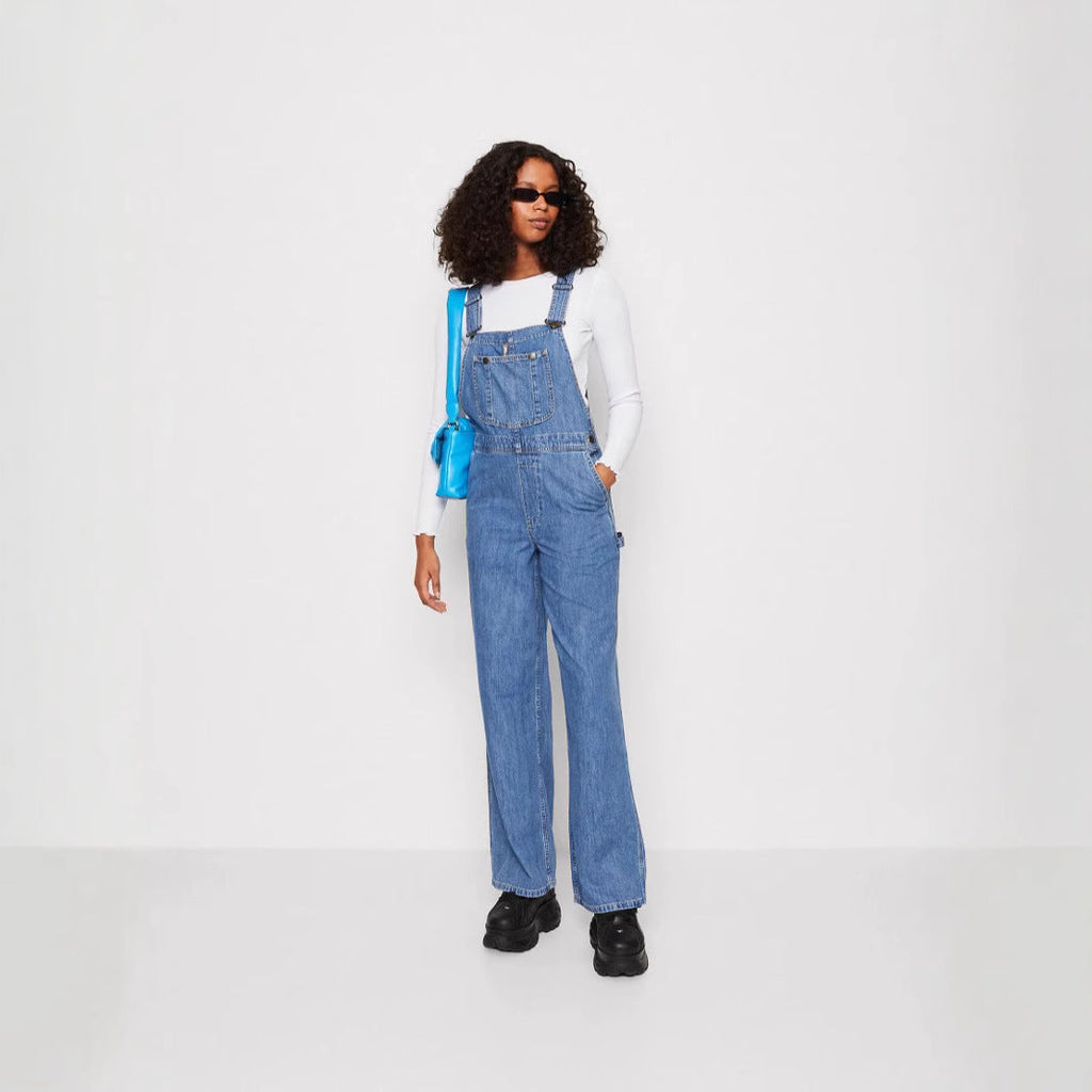 Damen Denim-Latzhose mit weitem Bein und verstellbaren Trägern