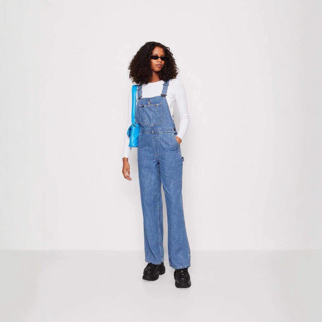 Damen Denim-Latzhose mit weitem Bein und verstellbaren Trägern
