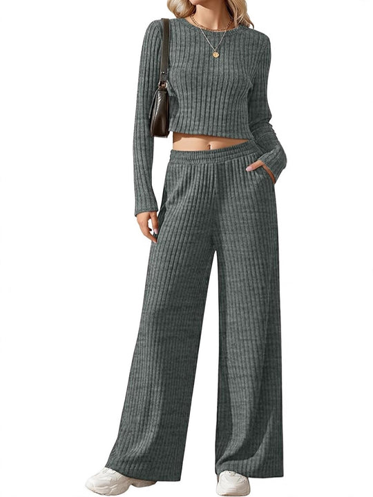 Damen Geripptes Feinstrick-Lounge-Set mit Cropped Langarmtop und High-Waist Palazzohose Shop Nory
