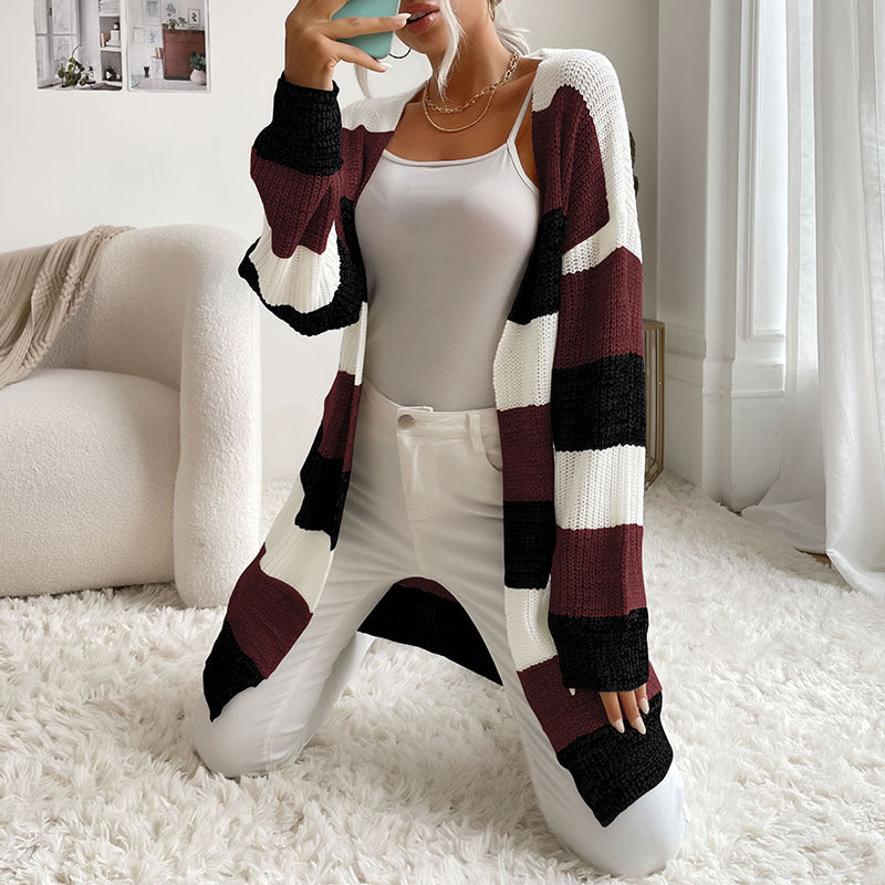 Damen Langer Oversize-Strickcardigan mit Blockstreifen und offener Front Shop Nory