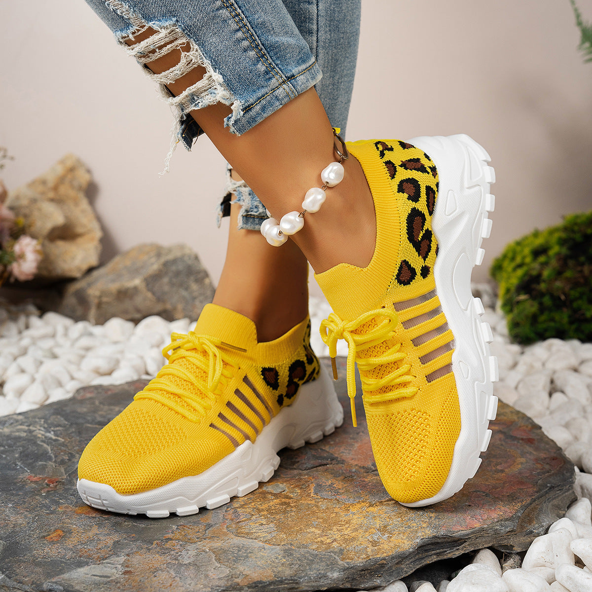 Damen Sportliche Sneakers mit atmungsaktivem Netzdesign und modischem Leopardenmuster Shopnory