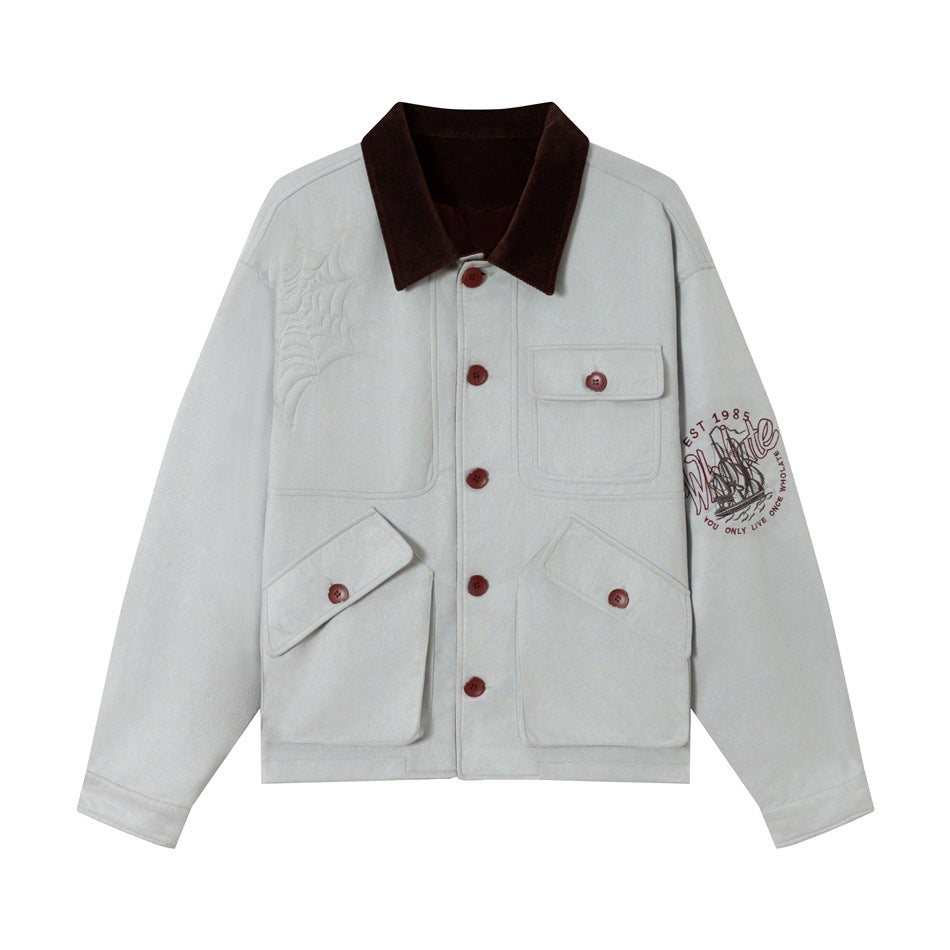 Unisex Boxy‑Blousonjacke aus Baumwollvelours mit Cordkragen, aufgeprägten Stickdetails und Pattentaschen Shop Nory
