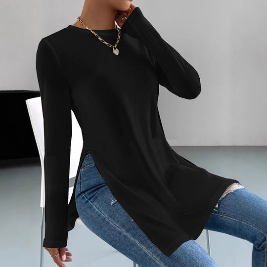 Damen Langes Feinstrick-Tunika-Shirt mit Seitenschlitzen und gerundetem Saum Shop Nory