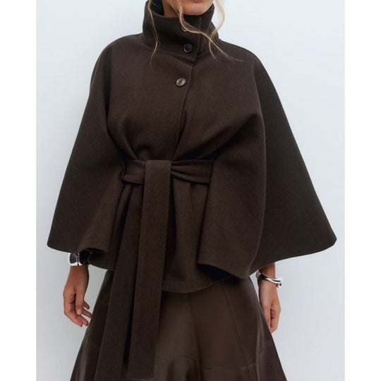 Damen Wollmantel im Cape‑Stil mit Stehkragen und Taillengürtel Shop Nory