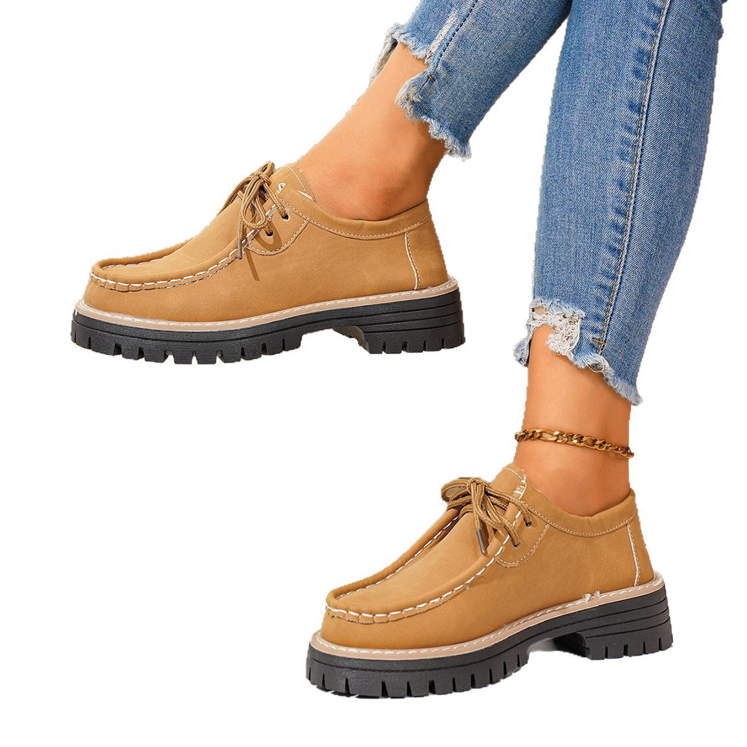 Damen elegante Derby-Schnürer aus Lederimitat mit Mokassinnaht und grober Profilsohle Shop Nory