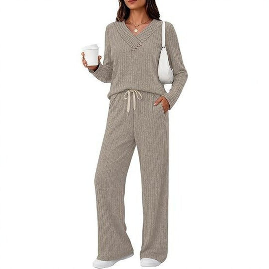 Damen Weiches Rippstrick-Lounge-Set mit V-Ausschnitt und Kordelbund Shop Nory