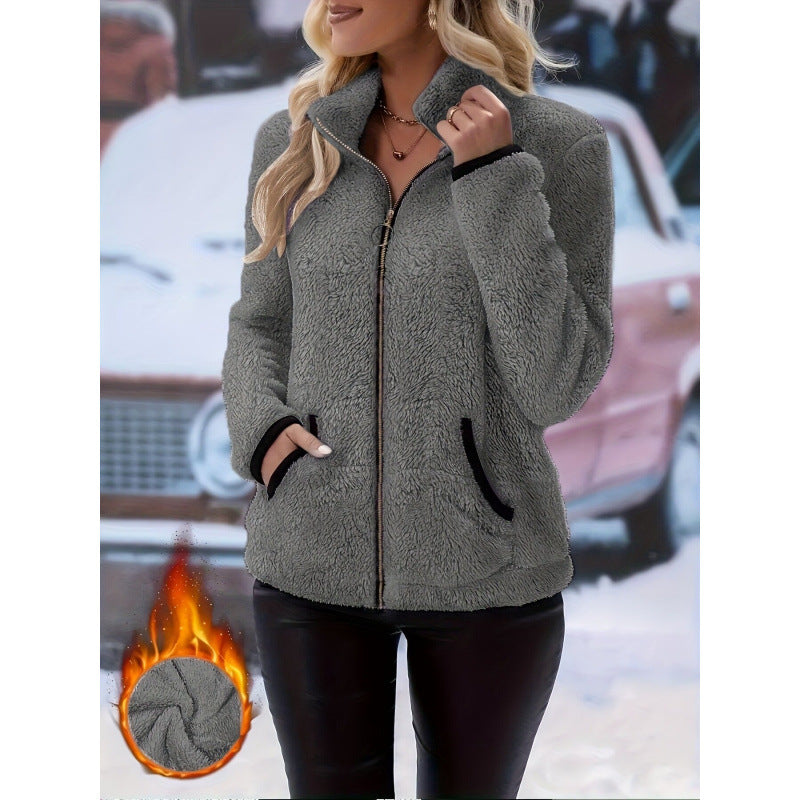 Damen Thermo-Sherpa-Fleecejacke mit Stehkragen, Kontrastkanten und Ringzipper Shop Nory