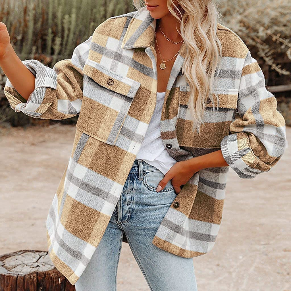 Damen Karierte Flanelljacke mit Lässigem Schnitt und Aufgesetzten Taschen