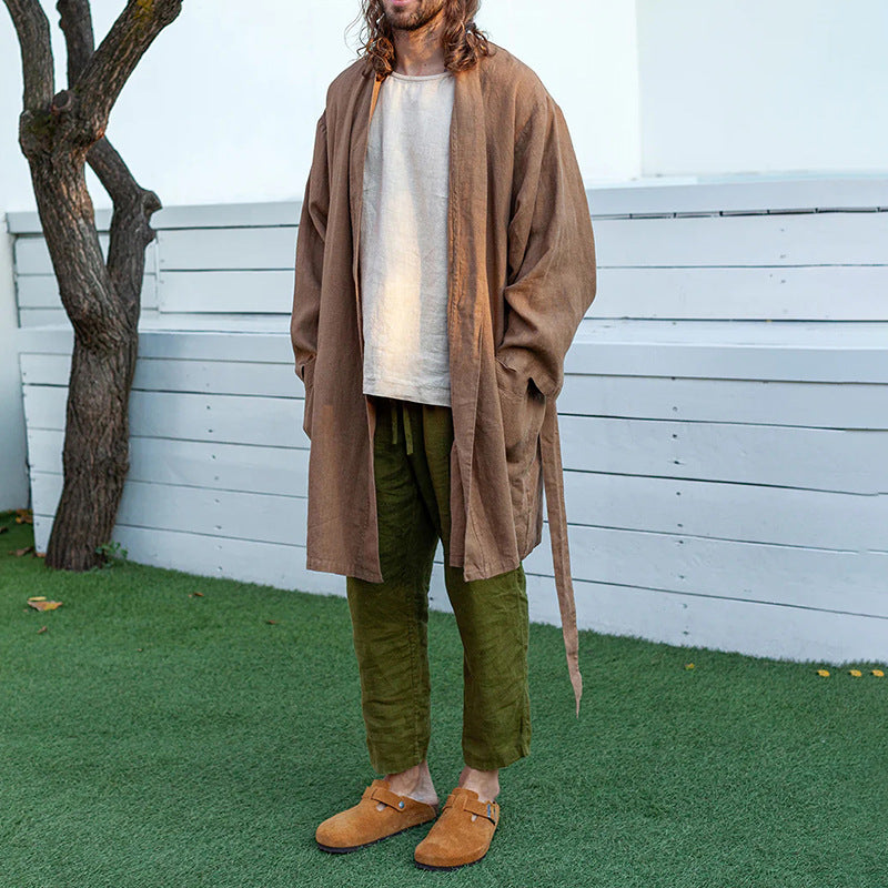 Herren Langer Leinen-Kimono-Mantel im Relaxed Fit mit Bindegürtel Shop Nory