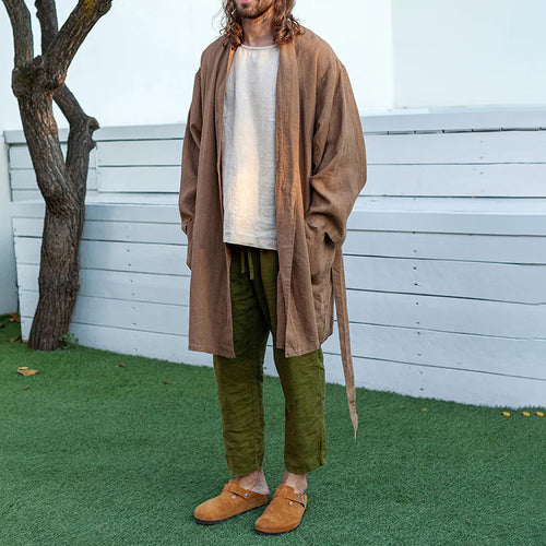 Herren Langer Leinen-Kimono-Mantel im Relaxed Fit mit Bindegürtel Shop Nory