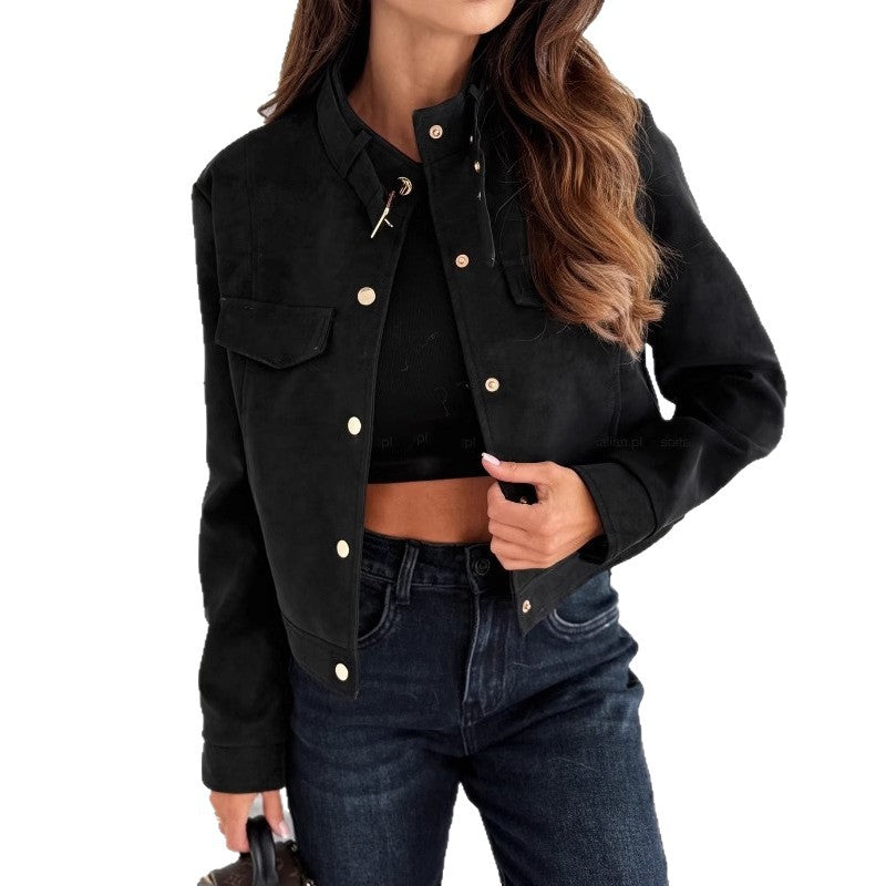 Damen elegante Jacke aus weichem Wildleder mit Knopfdetails