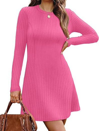 Damen Geripptes Strickkleid mit Rundhalsausschnitt und figurumspielender A-Linien-Silhouette Shop Nory