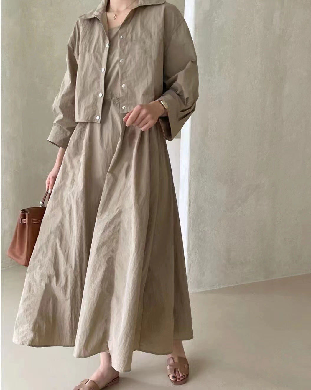Damen Boxy-Cropped-Hemdjacke und High‑Waist A‑Linien‑Midirock Set aus Crinkle‑Baumwollmix Shop Nory