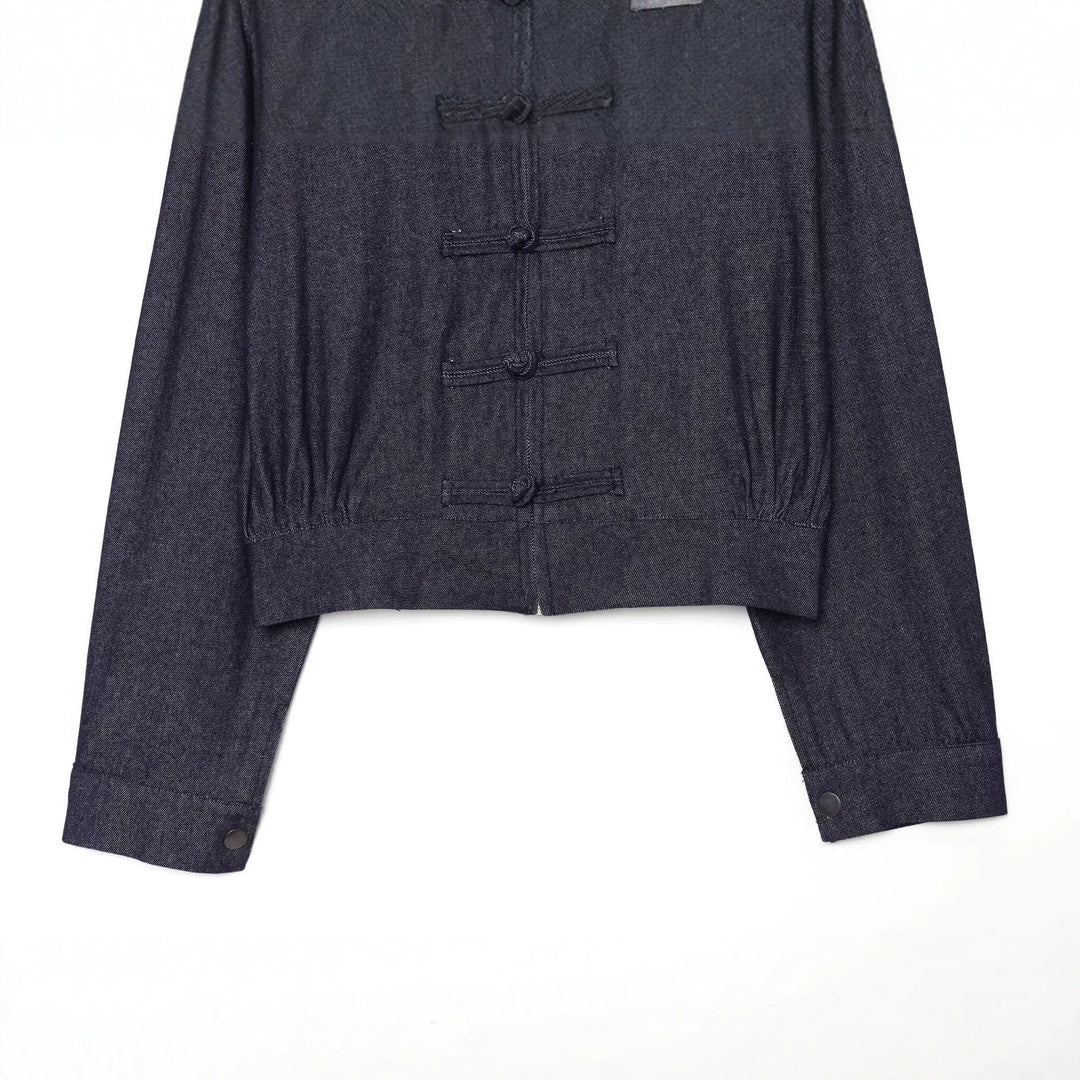 Damen Cropped Jeansjacke im China‑Stil mit Mandarinkragen und Knotenverschlüssen Shop Nory