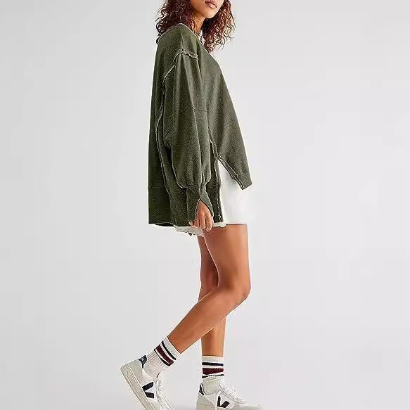 Damen Oversized Sweatshirt mit Ballonärmeln, seitlichen Schlitzen und offenen Kanten Shop Nory