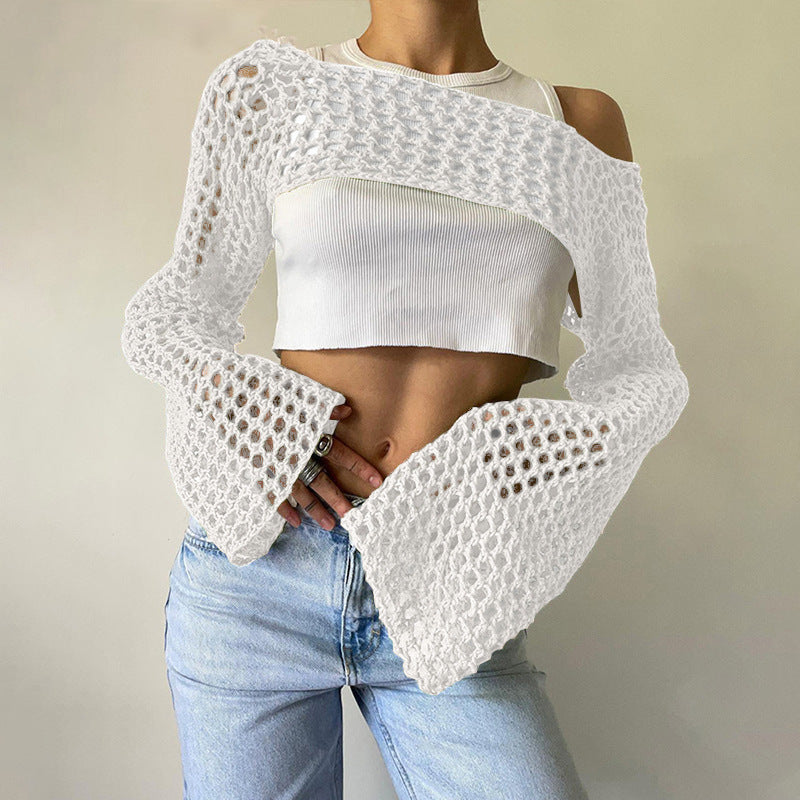 Damen gehäkelter kurzer Bolero mit asymmetrischem Schulterauschnitt und ausgestellten Ärmeln Shop Nory