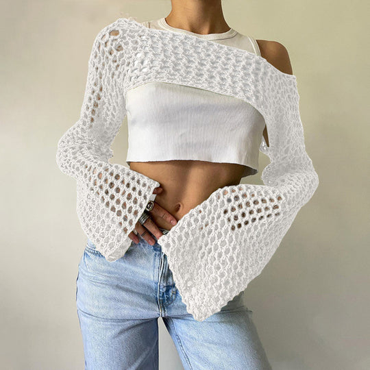Damen gehäkelter kurzer Bolero mit asymmetrischem Schulterauschnitt und ausgestellten Ärmeln Shop Nory