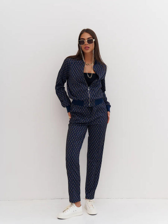 Damen jacquard Lounge-Set mit kurzer Bomberjacke und hochgeschnittener Kordelzug-Hose Shop Nory