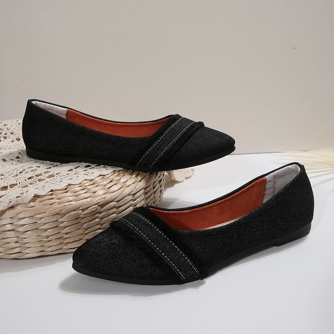 Damen elegante Ballerinas aus Denim mit Fransendetail