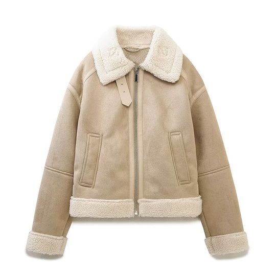 Damen Hochgeschnittene Pilotjacke aus veganer Lederoptik mit Teddyfutter und Reißverschluss Shop Nory