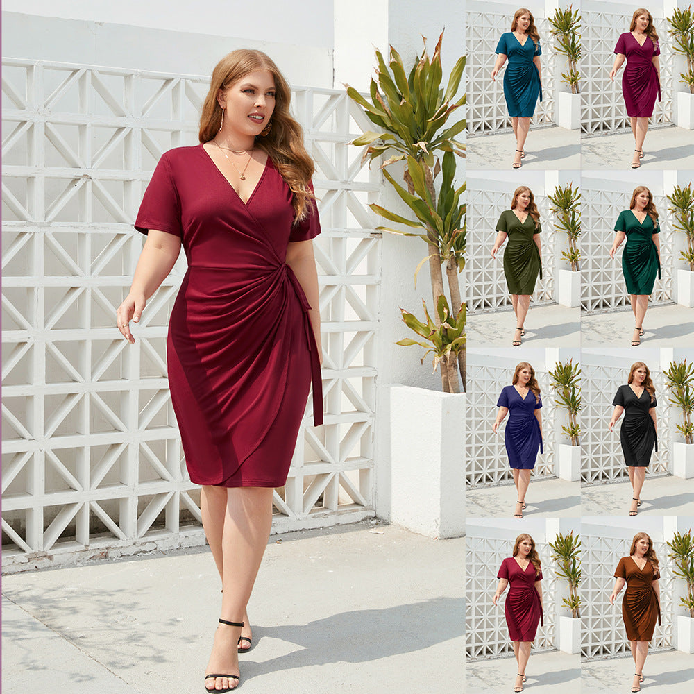 Damen Figurbetontes Wickelkleid mit kurzen Ärmeln und V-Ausschnitt