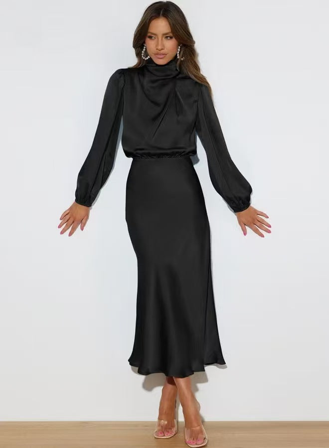 Damen Elegantes Satin-Midikleid mit Stehkragen, Blouson-Oberteil und fließendem Rock Shop Nory