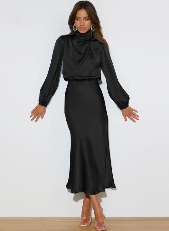 Damen Elegantes Satin-Midikleid mit Stehkragen, Blouson-Oberteil und fließendem Rock Shop Nory