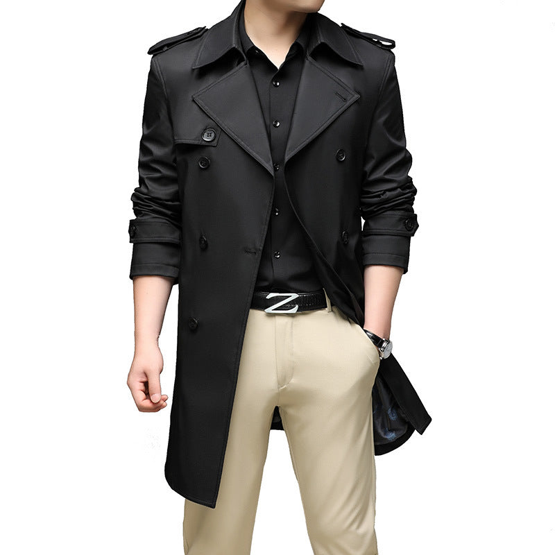 Herren Langer Slim-Fit Doppelreihiger Trenchcoat mit Epauletten und Taillengürtel Shop Nory