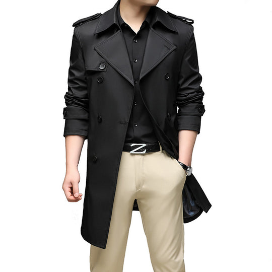 Herren Langer Slim-Fit Doppelreihiger Trenchcoat mit Epauletten und Taillengürtel Shop Nory