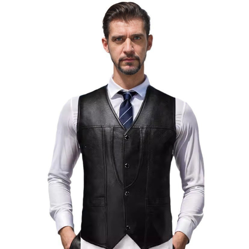 Herren Ärmellose Taillierte Lederweste mit V‑Ausschnitt, Ziernähten und Knopfleiste Shop Nory