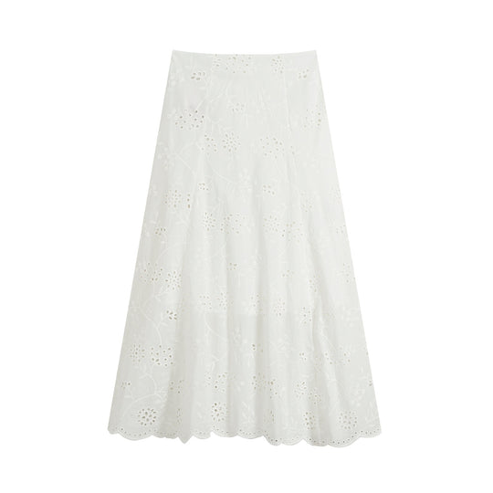 Damen Midirock mit Broderie Anglaise, ausgestellter A-Linie und geschwungenem Saum Shop Nory