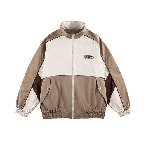Unisex Kastig geschnittene Trackjacke im Retro-Sportstil mit hohem Stehkragen, Farbblock‑Einsätzen und elastischem Saum Shop Nory