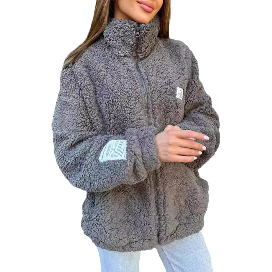 Damen Kuschelige Fleecejacke mit praktischen Taschen und hohen Kragen