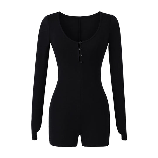 Damen Enganliegender Langarm-Body mit Knopfleiste und kurzer Shorts Shop Nory