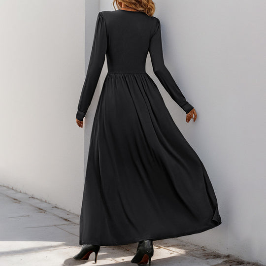Damen Maxikleid mit V-Ausschnitt und Spitzenbesatz, tailliertem Wickeloberteil, langen Ärmeln und hohem Beinschlitz Shop Nory
