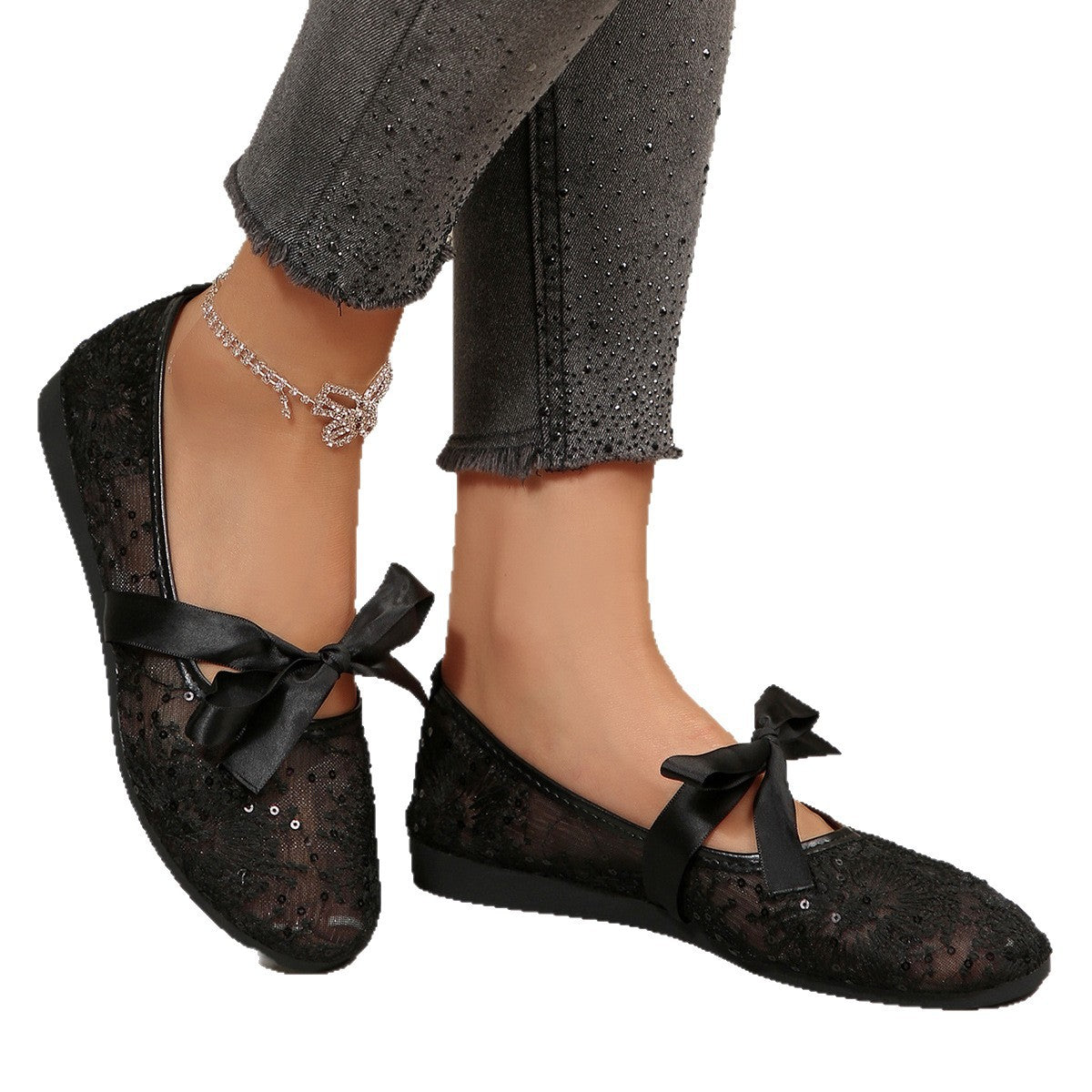 Damen Elegante Spitzenschuhe mit dekorativen Schleifen und funkelnden Akzenten